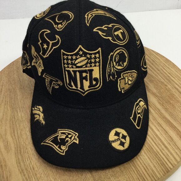 Reebok NFL All Over Team Logos Fitted Baseball Hat Black Gold Size 7 1/4 - Picture 1 of 16